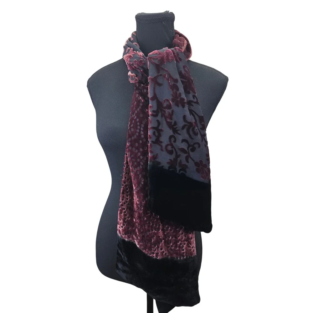 V Fraas Velvet Burnout Scarf Burgundy Black Floral Geometric Wrap Evening Shawl
